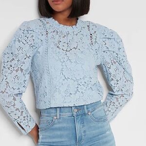 Express Light Blue Floral Lace Long-Sleeve Blouse